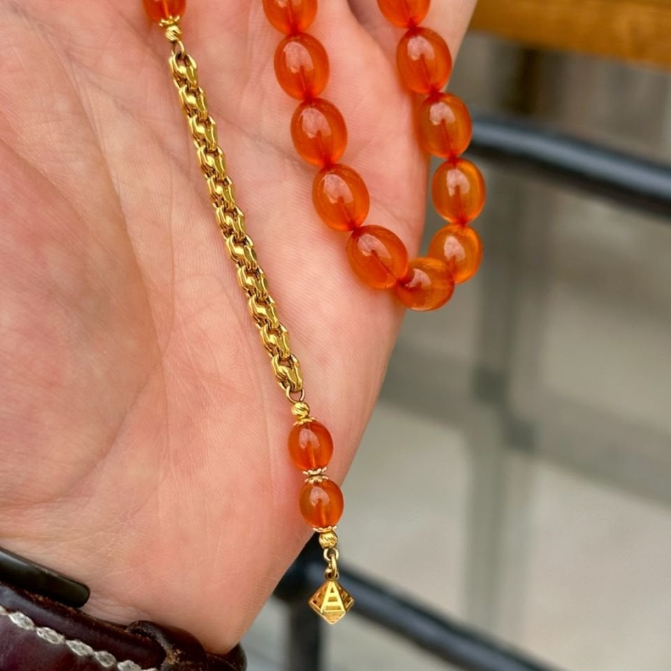 Eski Malzemeden Altın Püskül Zar Kehribar Tesbih