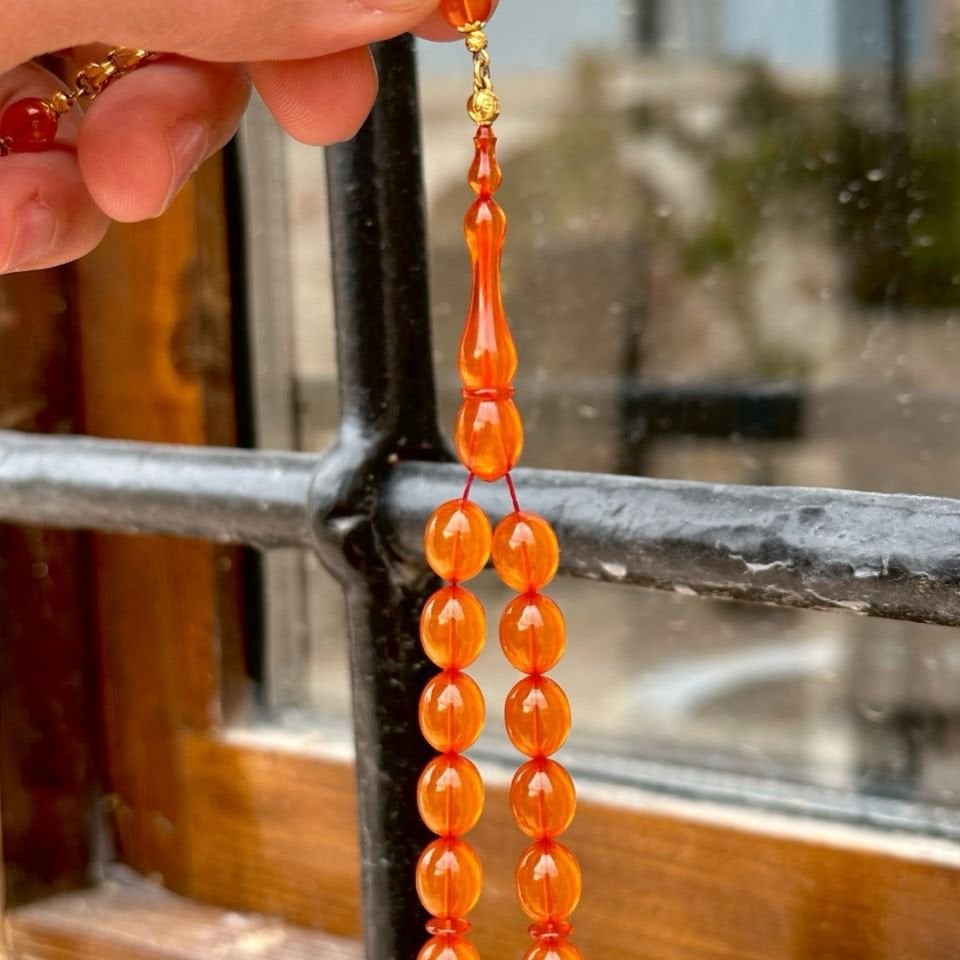 Eski Malzemeden Altın Püskül Zar Kehribar Tesbih