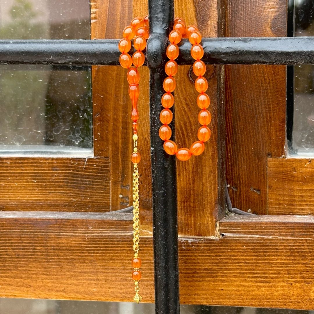 Eski Malzemeden Altın Püskül Zar Kehribar Tesbih