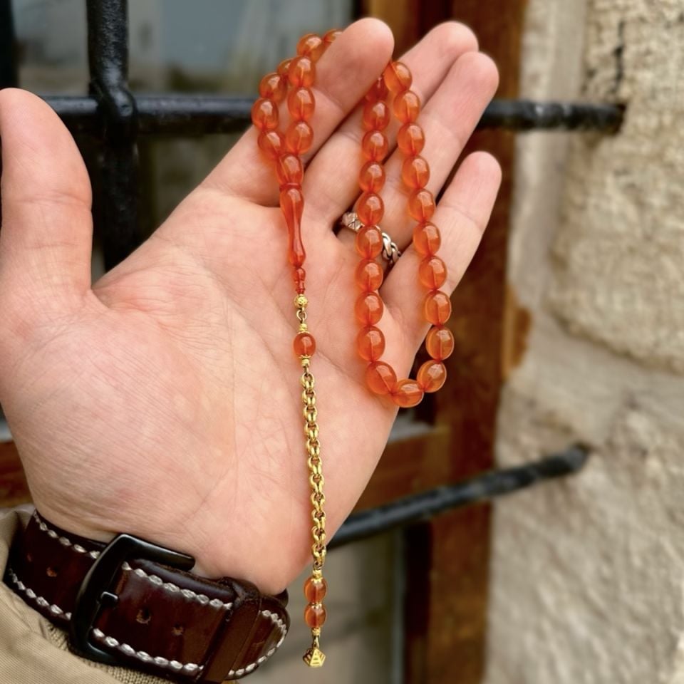 Eski Malzemeden Altın Püskül Zar Kehribar Tesbih