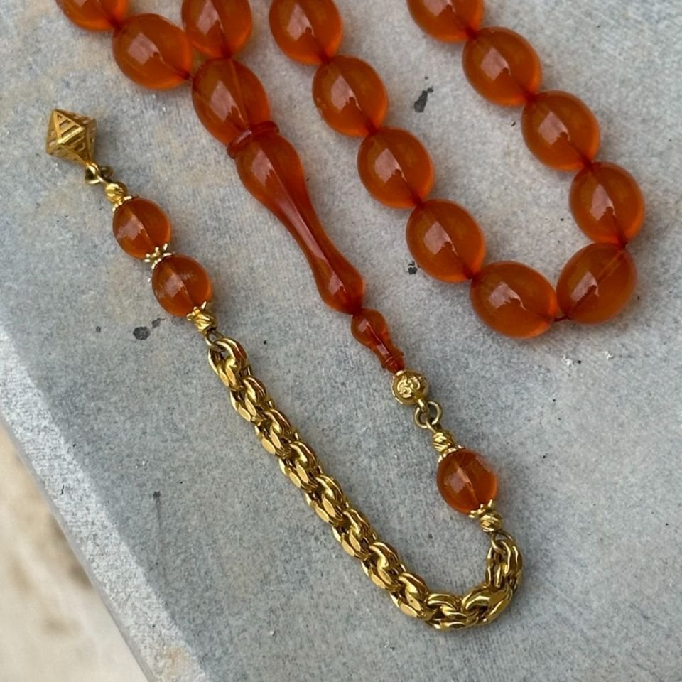 Eski Malzemeden Altın Püskül Zar Kehribar Tesbih