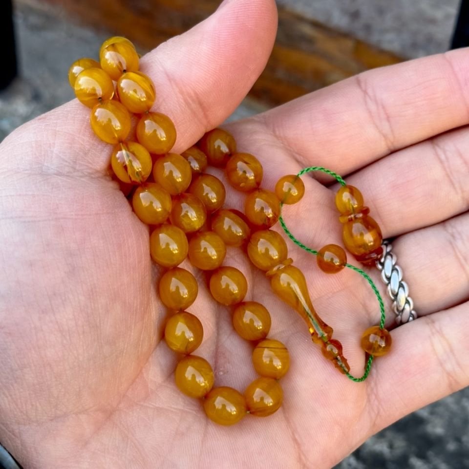 Usta İşi Sığırcık Kesim Sıkma Kehribar Tesbih