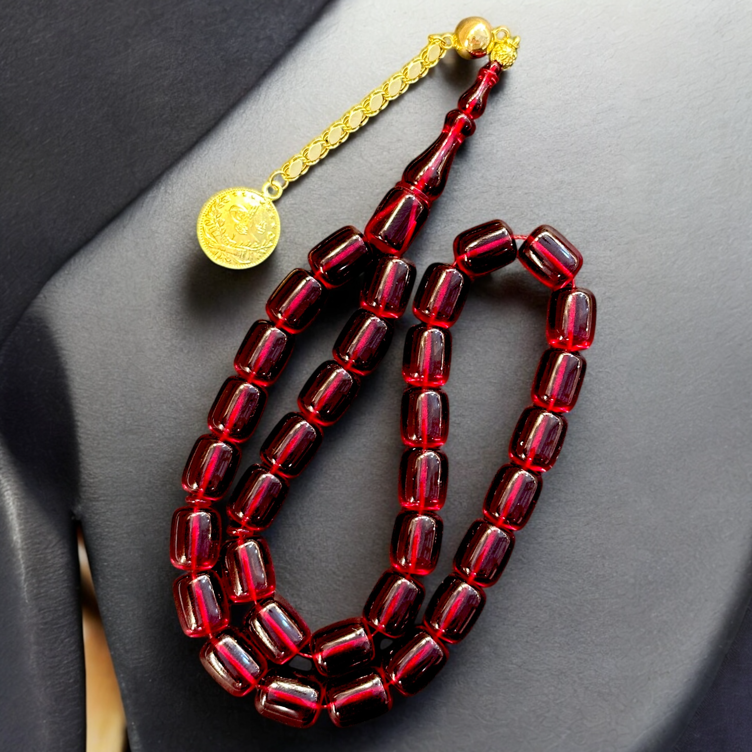 Altın Püsküllü Ateş Kehribar Tesbih