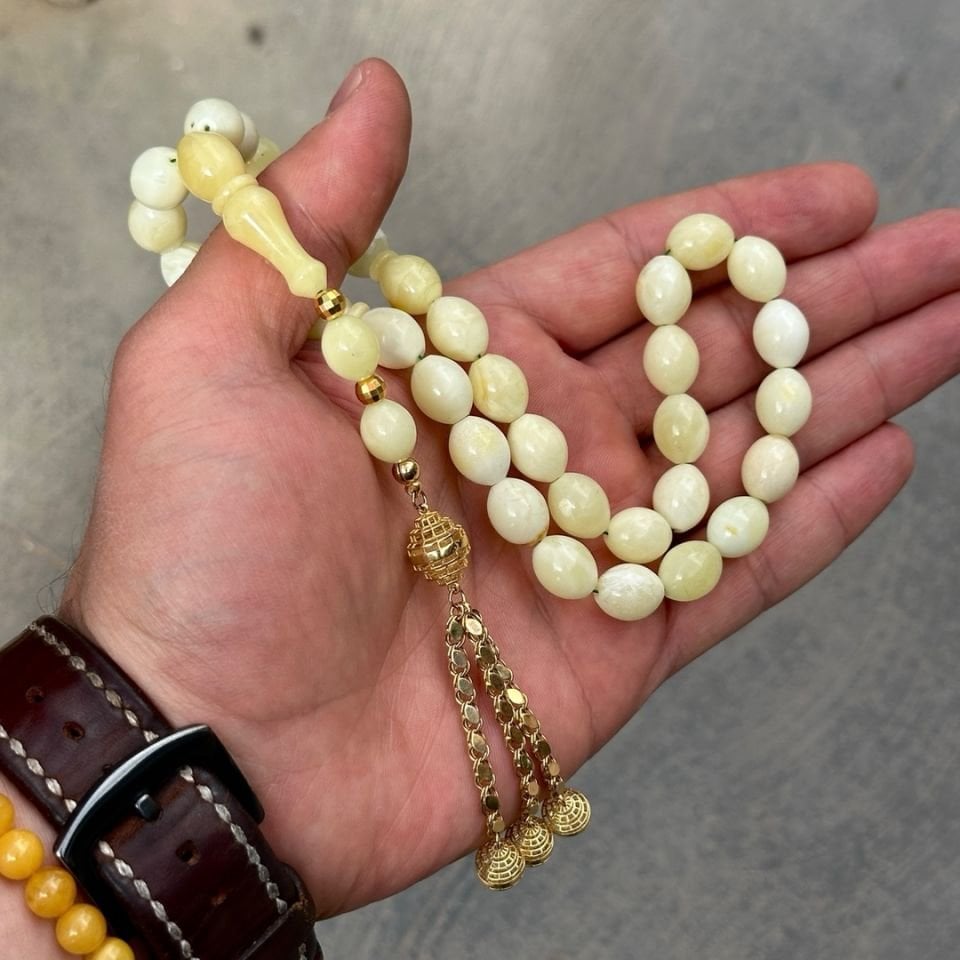 Altın Püsküllü Usta İşi Kaliningrad Damla Kehribar Tesbih