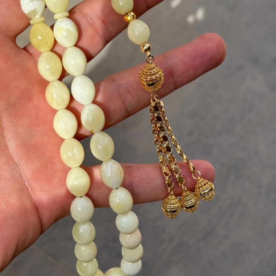 Altın Püsküllü Usta İşi Kaliningrad Damla Kehribar Tesbih