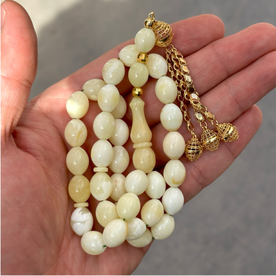 Altın Püsküllü Usta İşi Kaliningrad Damla Kehribar Tesbih