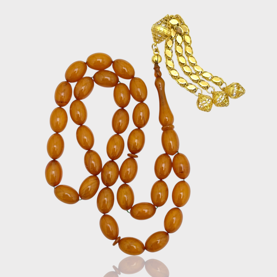 Üçlü Altın Püsküllü Beyzi Kesim Kehribar Tesbih