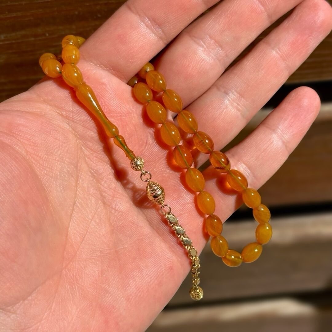 Telkari Model Tekli Altın Püsküllü Kehribar Tesbih