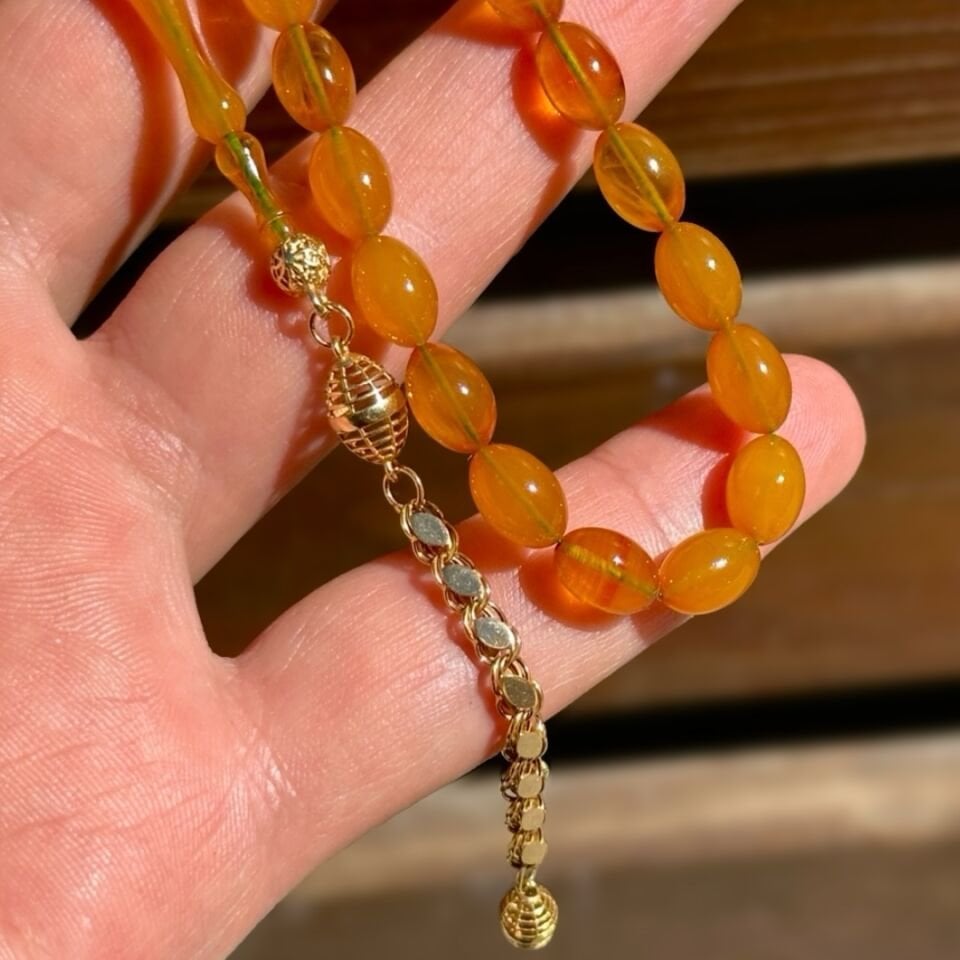 Telkari Model Tekli Altın Püsküllü Kehribar Tesbih