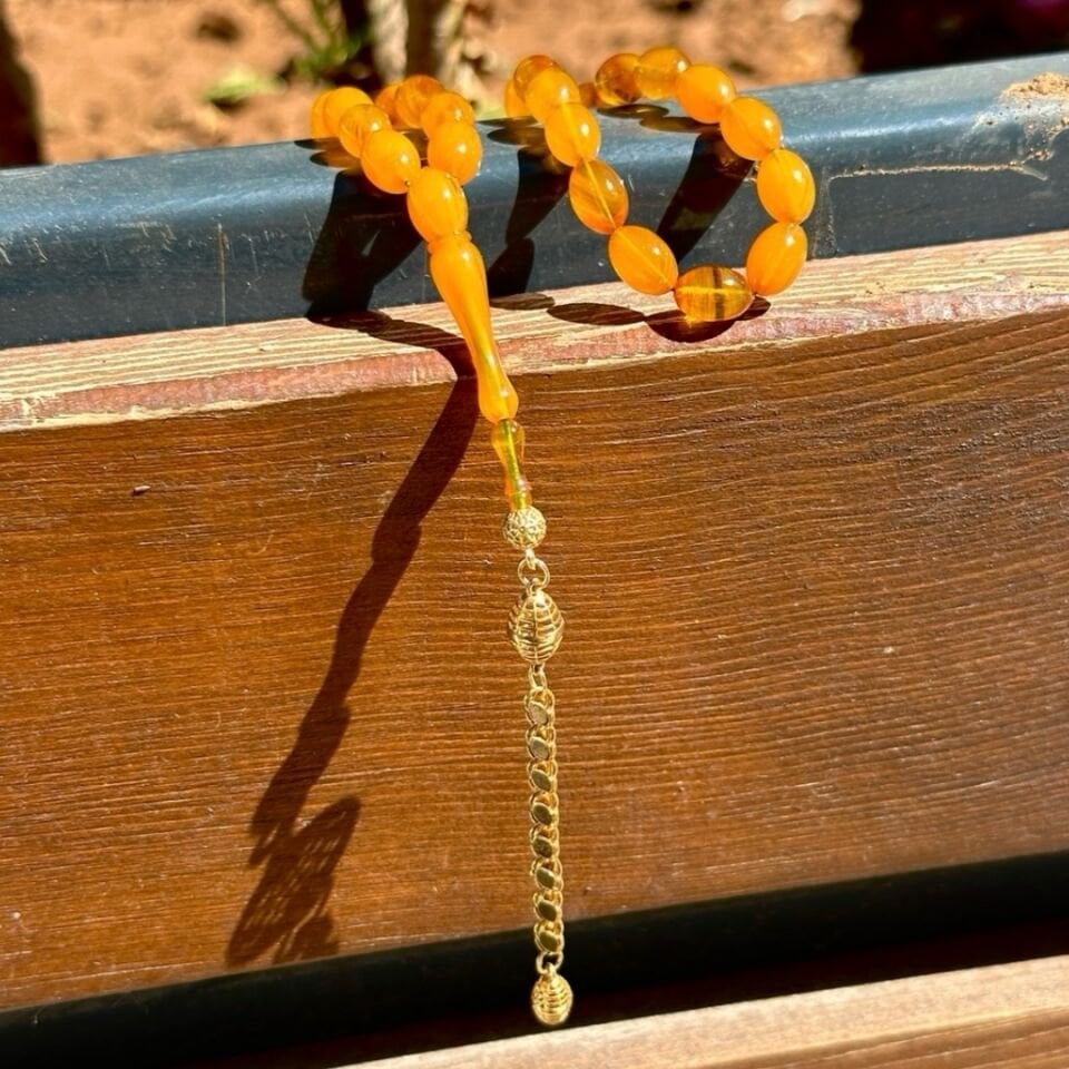 Telkari Model Tekli Altın Püsküllü Kehribar Tesbih