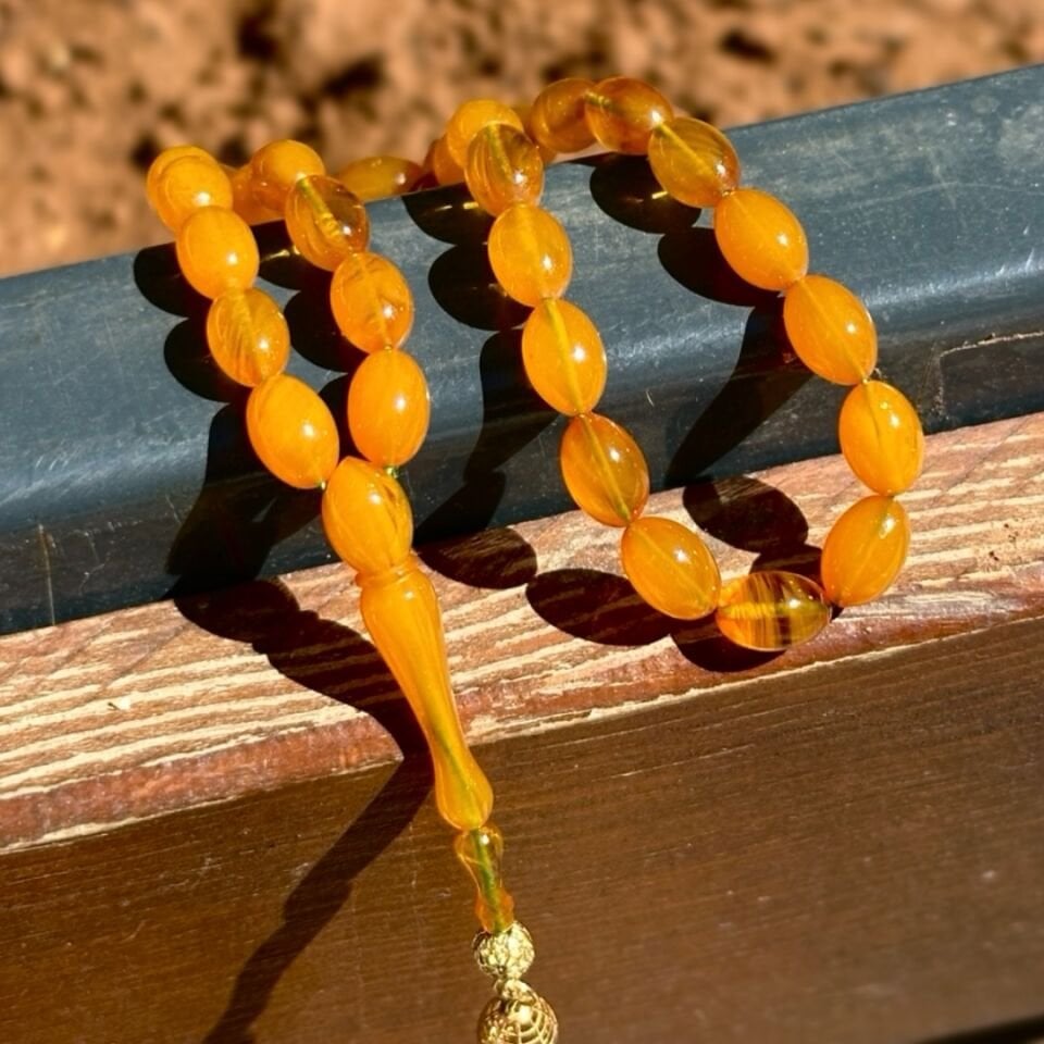 Telkari Model Tekli Altın Püsküllü Kehribar Tesbih