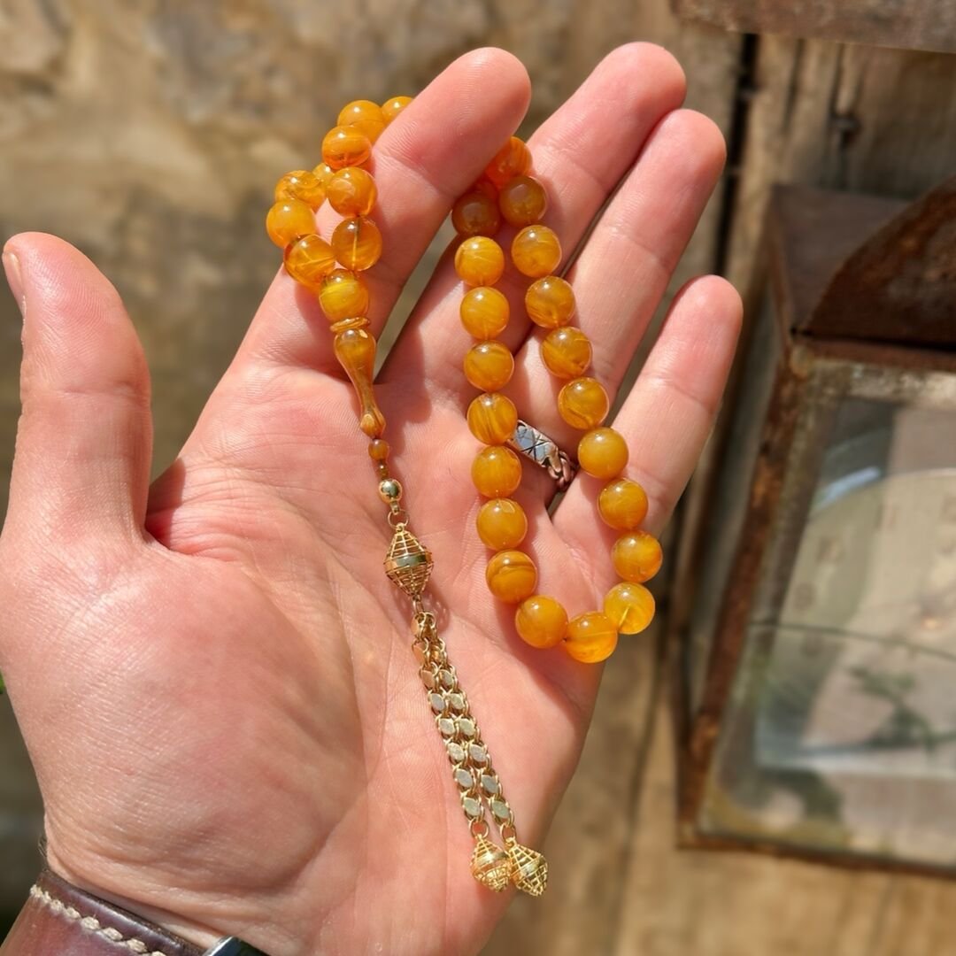 Antik Model İkili Altın Püsküllü Kehribar Tesbih