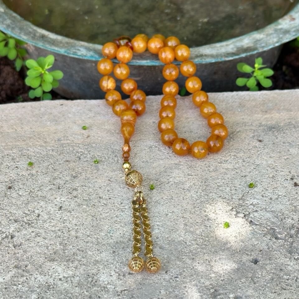 Antik Model İkili Altın Püsküllü Kehribar Tesbih