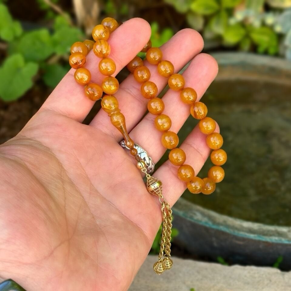 Antik Model İkili Altın Püsküllü Kehribar Tesbih