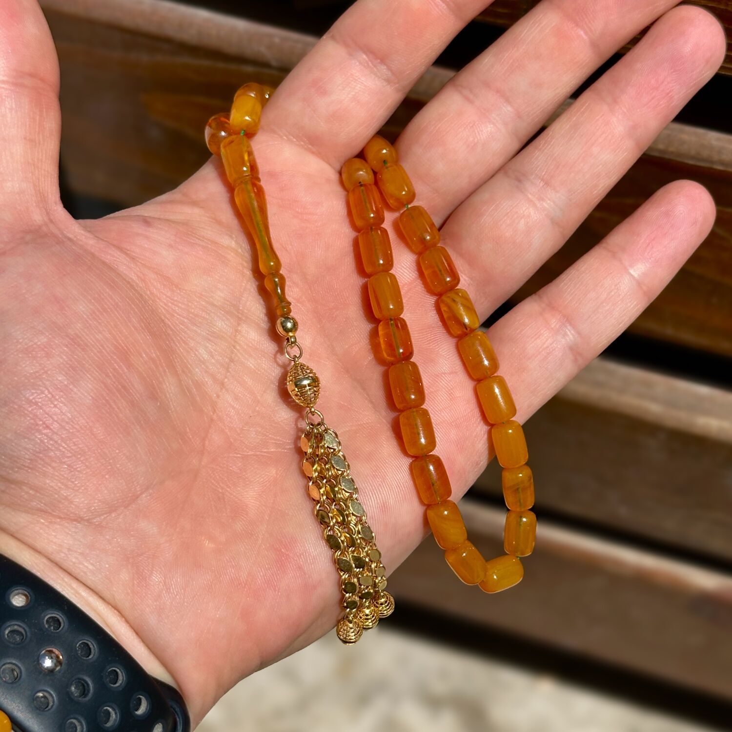 Üçlü Altın Püsküllü Kehribar Tesbih