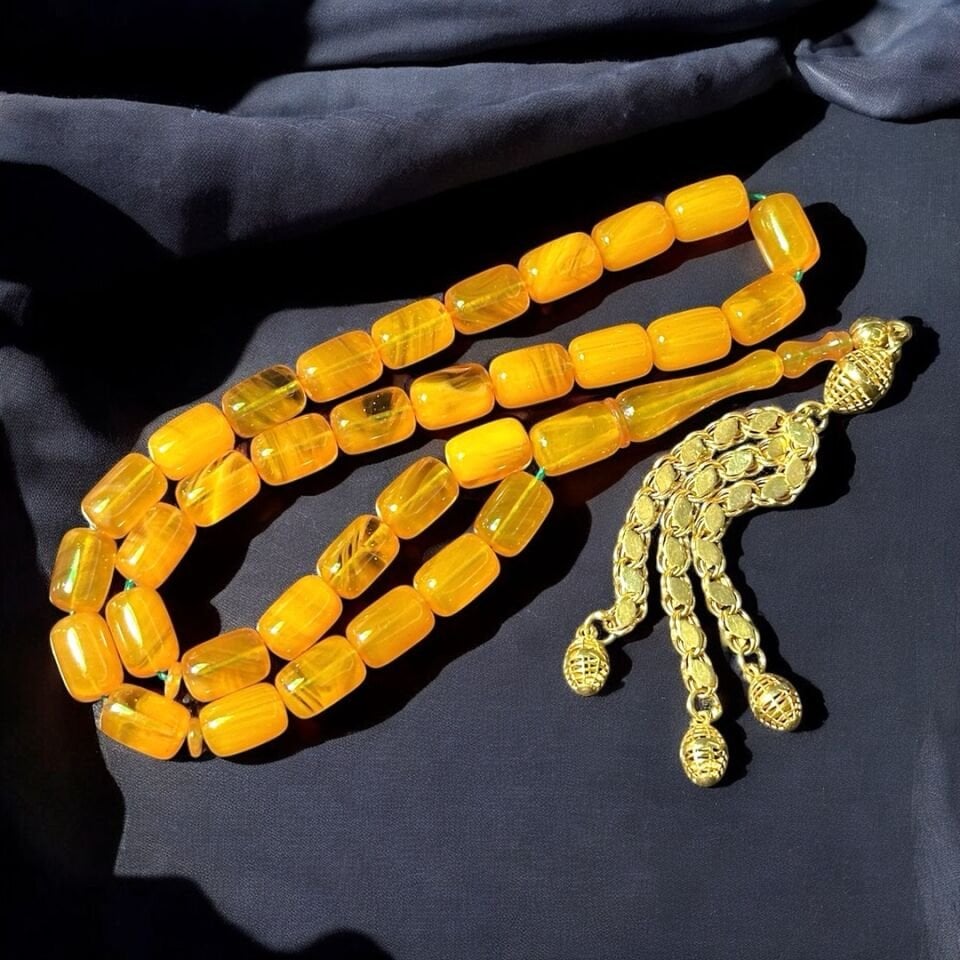 Üçlü Altın Püsküllü Kehribar Tesbih