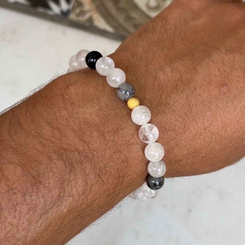 Altın Tasarım Rutil Kuvars Taşlı Erkek Bileklik