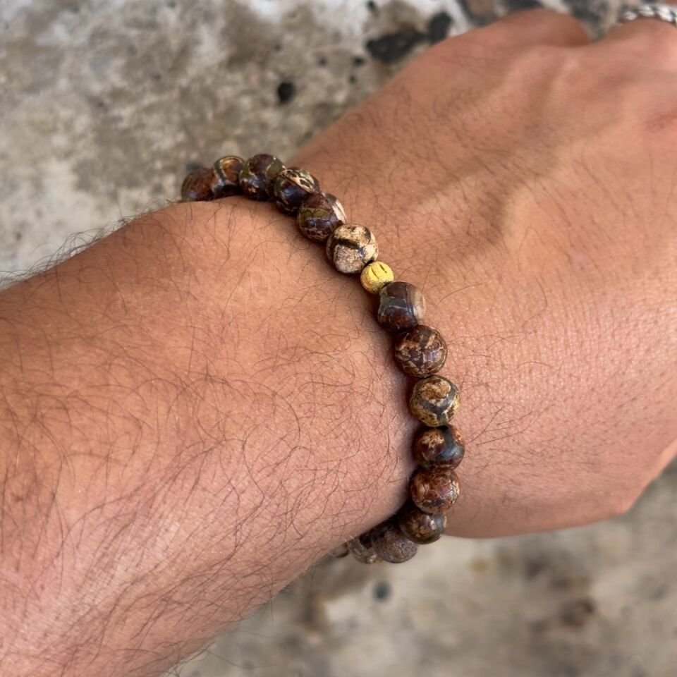 Altınlı Tibet Akik Taşlı Erkek Bileklik