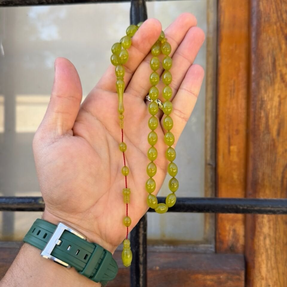 Antik Yeşil Hareli Sıkma Kehribar Tesbih