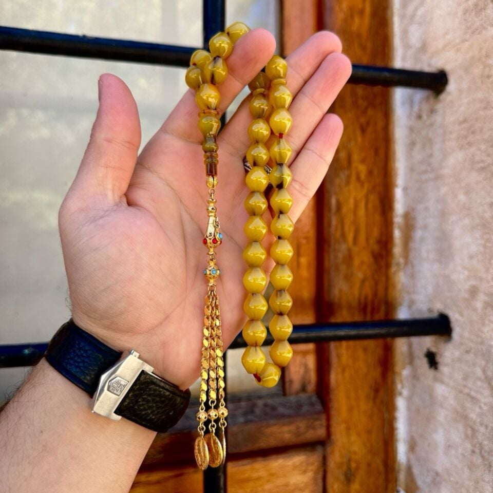 Halep Altın Püsküllü Osmanlı Sıkma Kehribarı Tesbih