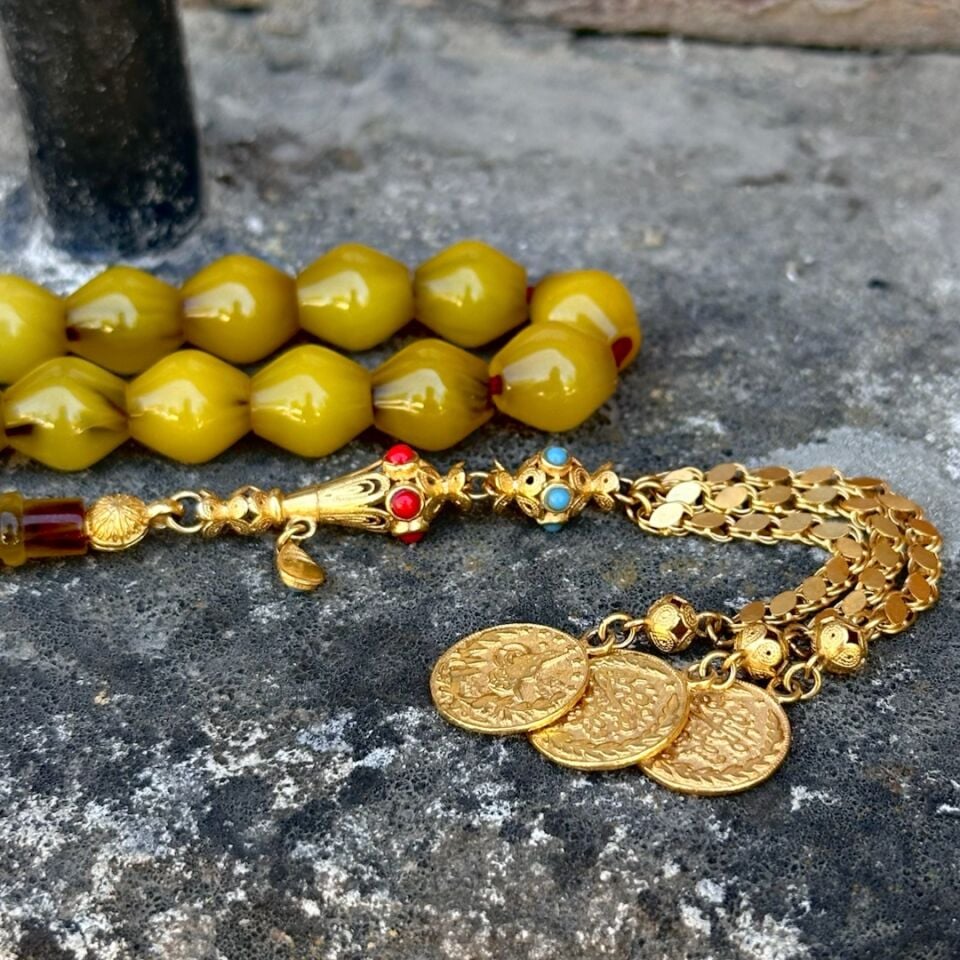 Halep Altın Püsküllü Osmanlı Sıkma Kehribarı Tesbih